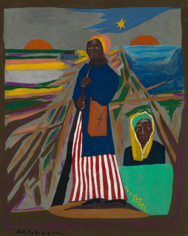 African American woman, head wrapped in a yellow and orange, dressed is a blue coat and red and white striped long skirt, stands against an abstract landscape of lines of browns, grays, yellow, geen and purple. The gray sky has a blue slash with a yellow star at her bck. At the side ins a head and shoulders of an African American Woman with a green head wraop and longer yellow wrap around her head and down to her shoulders.
