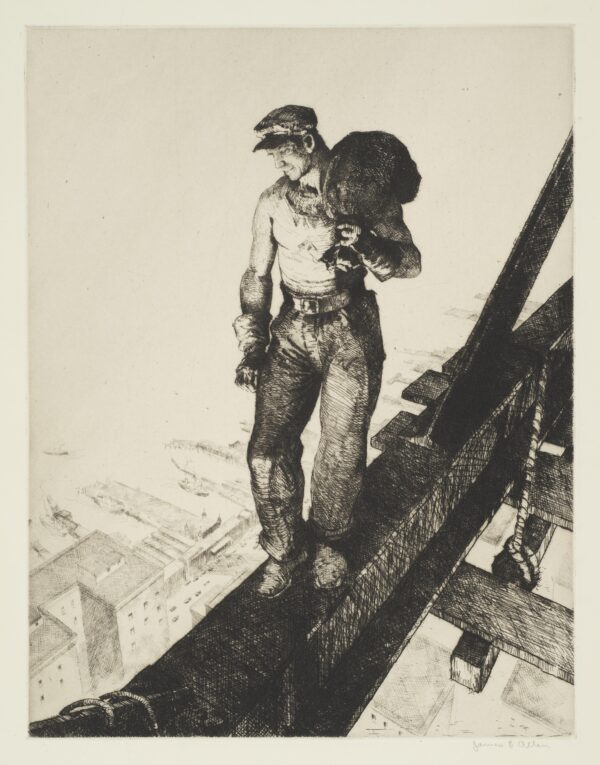A man walking on a girder of a building under construction with a city scape in the background.