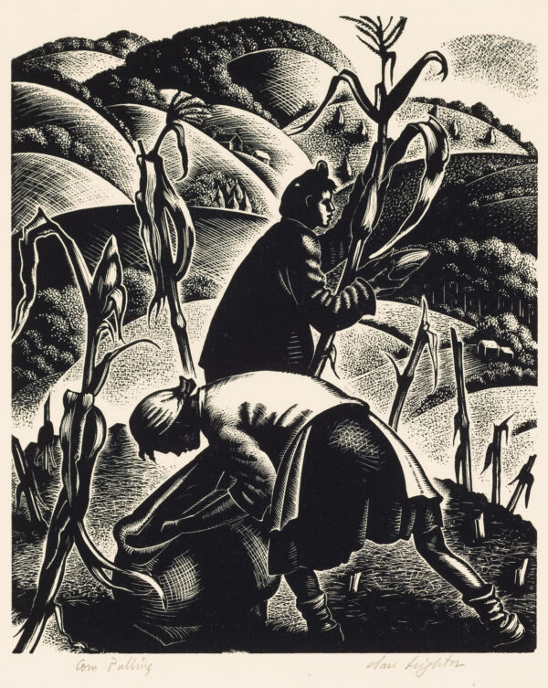 1952 Prairie Print Makers gift print. Two women are pulling corn plants from a field.