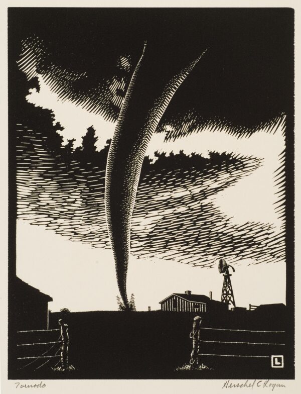 Farm with storm clouds and tornado