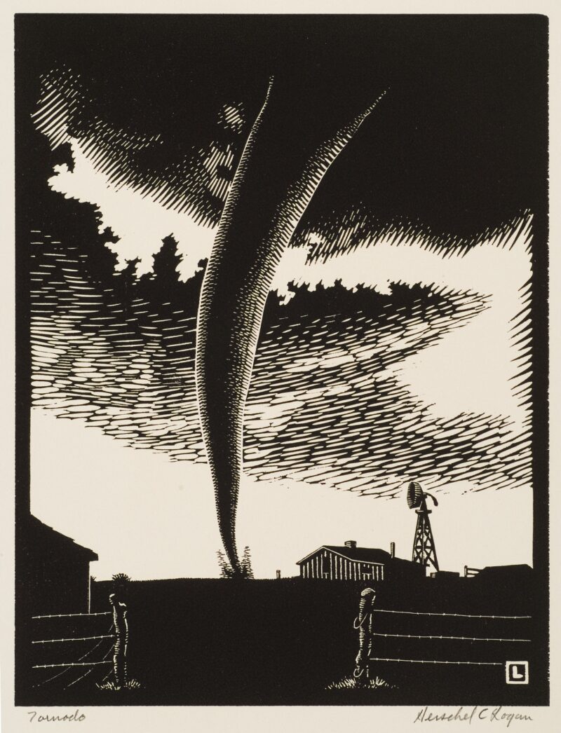 Farm with storm clouds and tornado