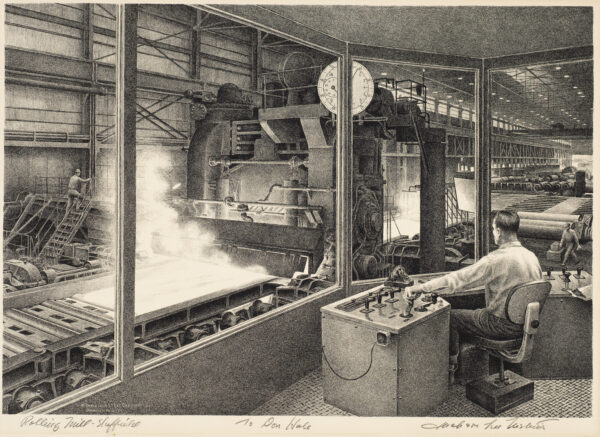 Man sitting at a chair in front of a panel of controllers in a manufacturing facility