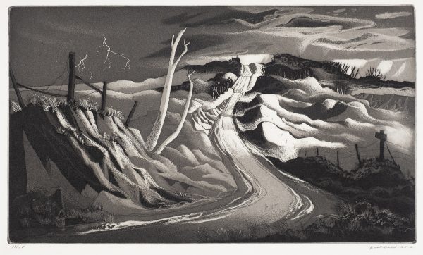 A road leads from the bottom left up to the top center. In the sky at left is a lighting bolt. There are small hills on each side and a fence on each side in the foreground.