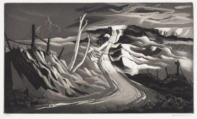 A road leads from the bottom left up to the top center. In the sky at left is a lighting bolt. There are small hills on each side and a fence on each side in the foreground.