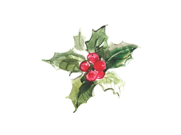 Watercolor painting of holly with six green leaves and five red berries