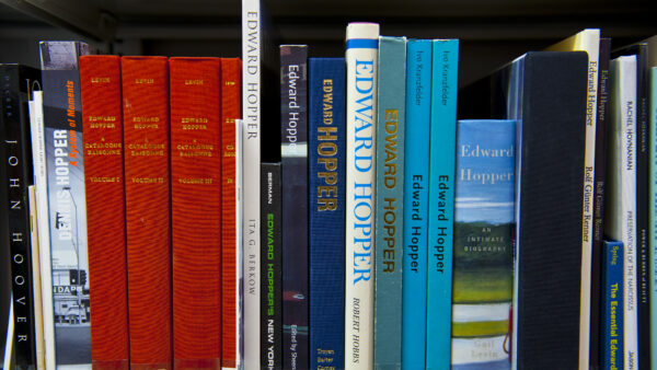 Books of different sizes and colors lined up on a library shelf