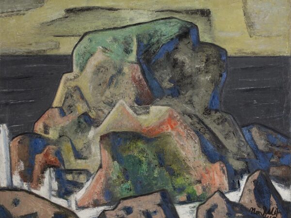 Abstract painting in colors of orange, green, blue, white, black, grey to look like rock formations