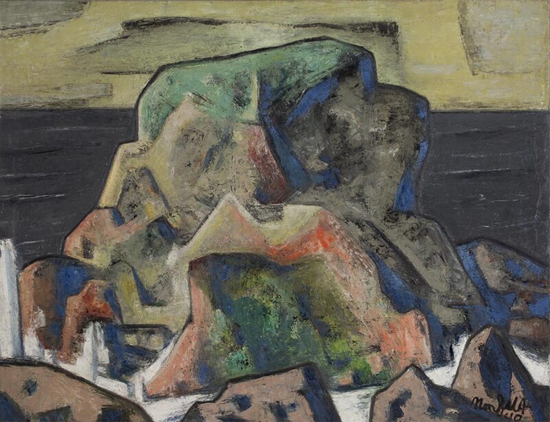 Abstract painting in colors of orange, green, blue, white, black, grey to look like rock formations