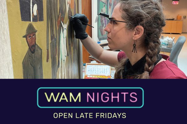 Photo of conservator Keara Teeter holding a tool and cleaning a William H. Johnson painting.