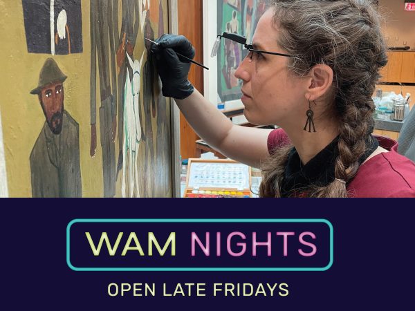 Photo of conservator Keara Teeter holding a tool and cleaning a William H. Johnson painting.