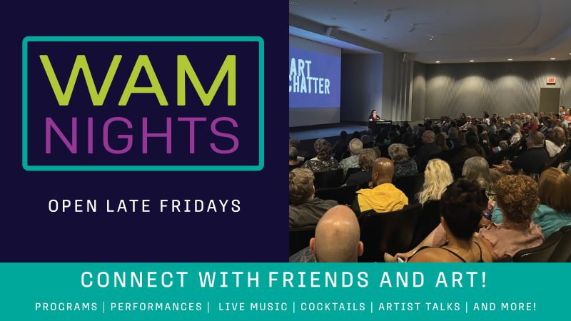 People in an auditorium looking at a screen that reads Art Chatter. Text reads WAM Nights Open Late Fridays