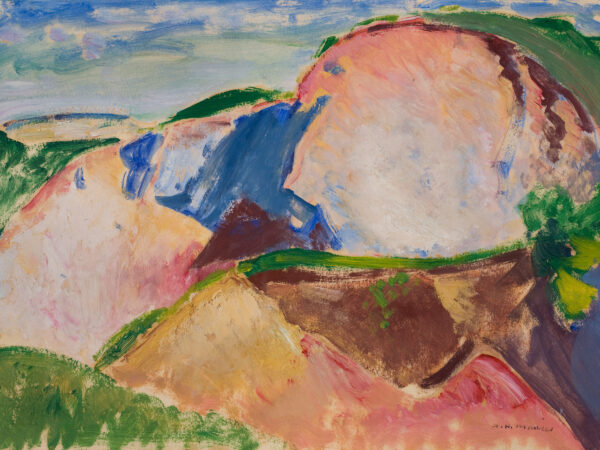 Landscape in abstract style with mountains in red-orange tones,and blue tones in the background. Foreground has patch of green.