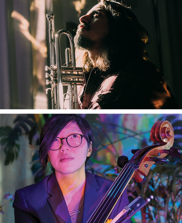 Josue Estrade is holding a trumpet. Kylie Brown is holding a cello.